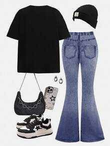 SHEIN Leap Crew 2 件套青少年女孩休闲宽松心形和脸涂鸦印花短袖圆领 T 恤和喇叭裤套装，适合夏季，适合居家、郊游、街拍、校园 - 彩色 - 查看 4