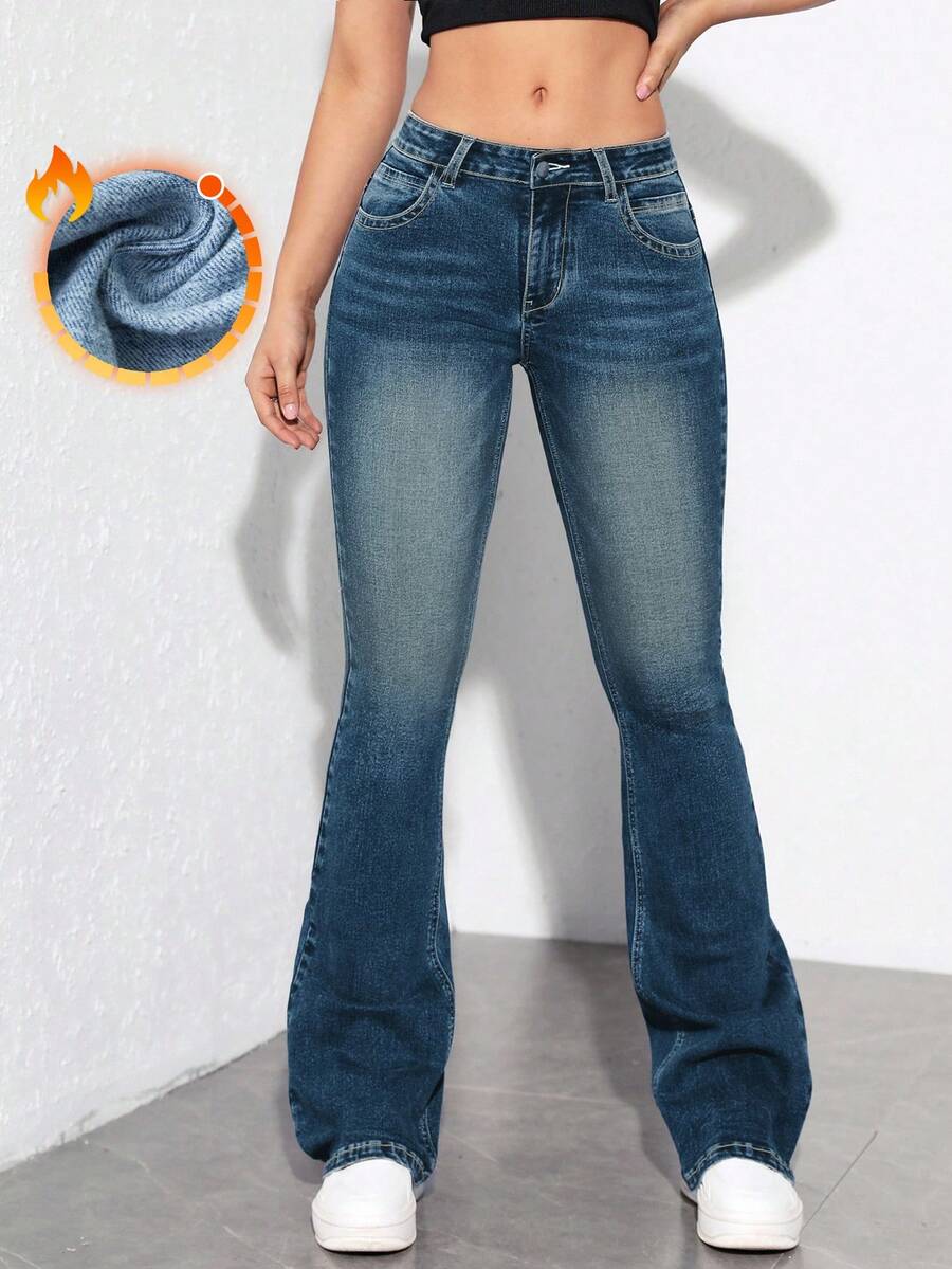 SHEIN ICON 女式水洗褪色休闲牛仔裤 - 藍色 - 查看 1