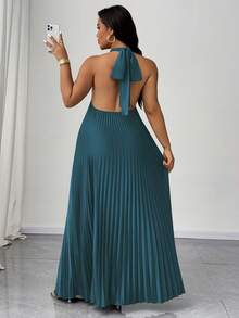 Maweii 大码浪漫优雅性感夏日度假系带褶皱缎面连衣裙 - 水鴨藍 - 查看 2