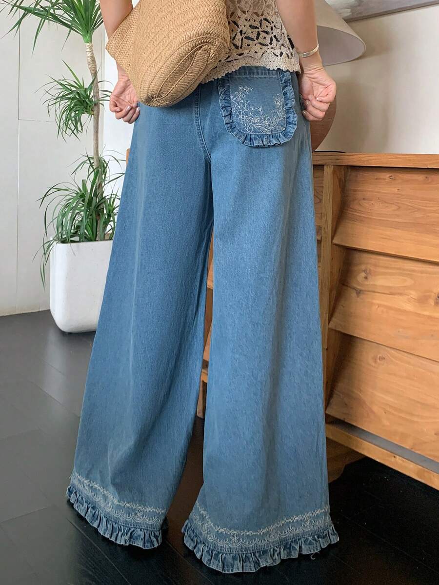FRIFUL 女式花卉刺绣口袋宽腿宽松休闲牛仔裤 - 藍色 - 查看 1