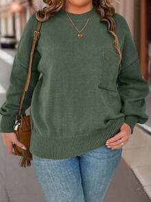 SHEIN LUNE Plus Size Solid Color Lantern Sleeve Sweater, Casual For Autumn/Winter - Green - View 3