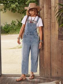 EMERY ROSE 女式牛仔连体裤，带围兜和背带，时尚夏季服装 - 藍色 - 查看 4