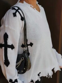 SAYEHFBABY Women's Cross Print, Raw Edged, Long Sleeve, Minimalist Casual Sweater Knit Pullover Fall Winter Outfit - White - View 3