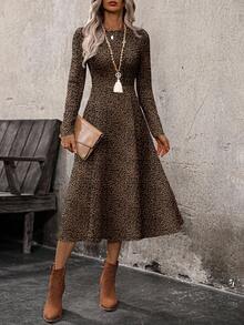 EMERY ROSE 女士圆领长袖迷你豹纹棕色长裙，秋冬 - 彩色 - 查看 2