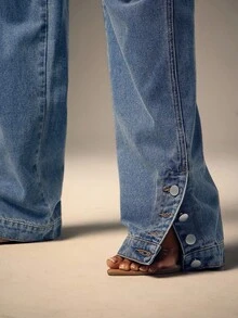 Denimoi 直筒踝开衩纽扣细节牛仔裤 - 淺色水洗藍 - 查看 2