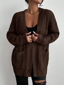 EMERY ROSE 女士纯色休闲宽松开衫，带口袋 - 咖啡棕 - 查看 5