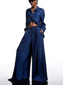 LYSMO Conjunto Casual de 2 Peças com Camisa de Manga Longa com Ombros Caídos e Calça Perna Larga Solta em Cor Sólida, Outono - Azul - Visão 7