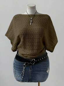 Flirla Plus Size Women's Fashionable & Elegant Bohemian Style Hollow Out Short Sleeve Loose Knit Top, Suitable For Vacation, Suitable For Spring, Summer, Autumn - Army Green - View 1