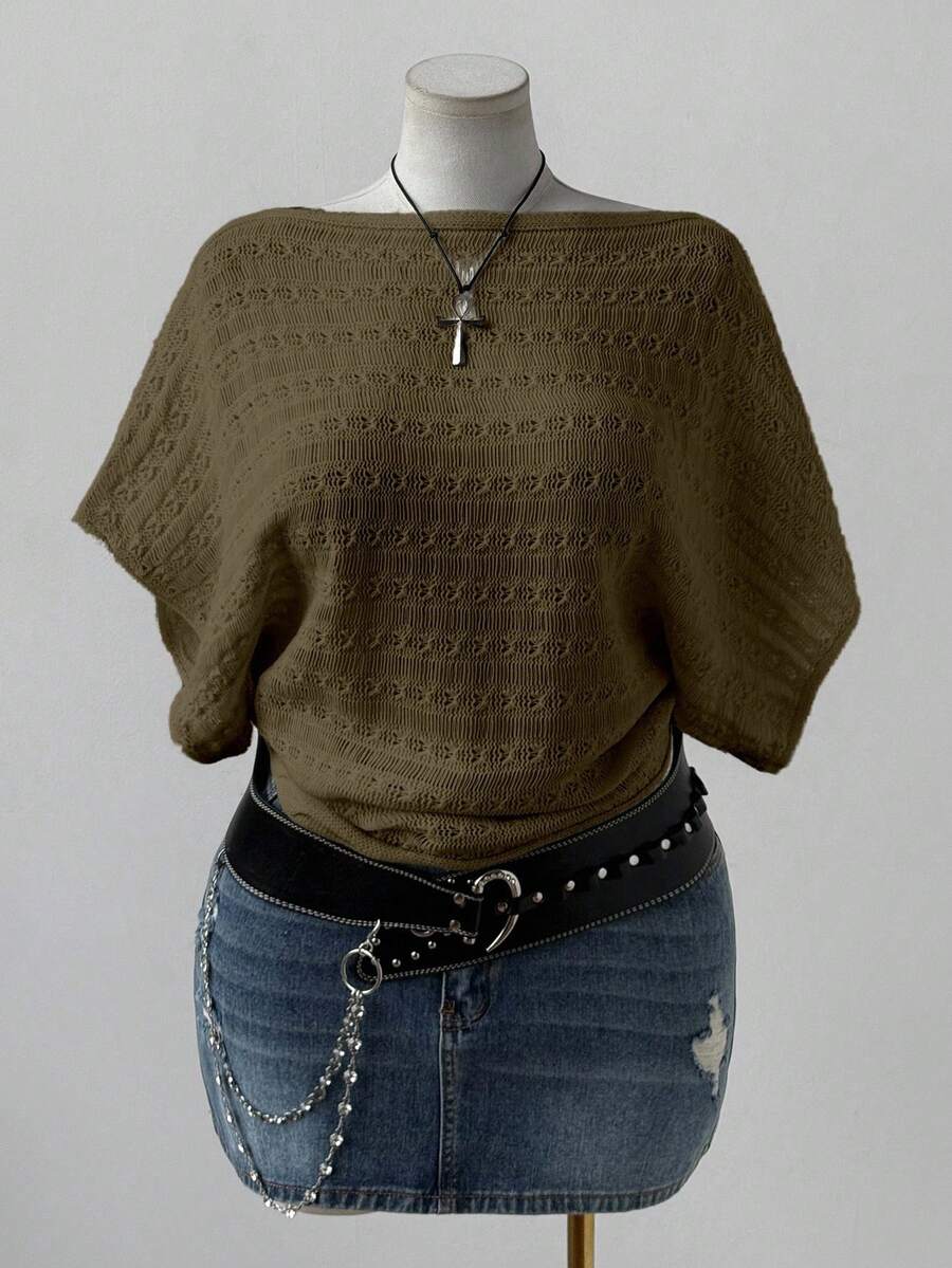 Flirla Plus Size Women's Fashionable & Elegant Bohemian Style Hollow Out Short Sleeve Loose Knit Top, Suitable For Vacation, Suitable For Spring, Summer, Autumn - Army Green - View 1