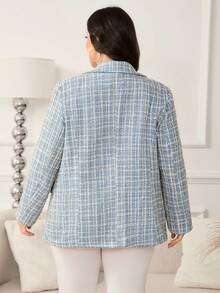 Reflora Plus Size Blue Tweed Elegant Commuter Casual Business Suit Jacket, Tweed Blazer, Baby Blue Blazer, Baby Blue Jacket, Autumn Blazer, Winter Outerwear, Casual Blazer, Women's Stylish Suit Jacket, Fall Winter Coat, Elegant Baby Blue Blazer, Office And Daily Wear Jacket, Fall Clothes For Women, Autumn Clothing For Women, Winter Clothes, Women's Winter Coat