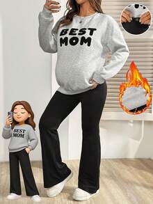 SHEIN 2 件孕妇休闲装：字母印花套头衫和可调节腰部裤子 - 灰色 - 查看 1