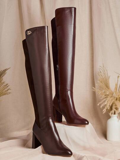 SHUZIA Botas altas de tacón grueso de imitación de piel marrón versátiles para mujer, cómodas para otoño, invierno y días festivos