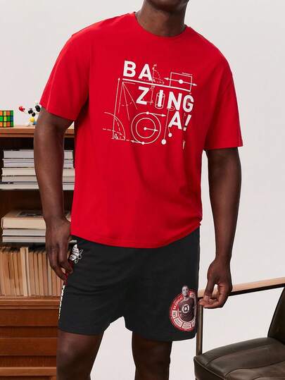 THE BIG BANG THEORY X SHEIN Men's Casual Letter & Geometric Print Short Sleeve T-Shirt And Shorts Set For Summer