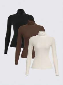 SHEIN BASICS 3pcs/Set Solid Color Knit Mock Neck Straight Shoulder Long Sleeve Fitted Women Undershirt Tops For W - Brown - View 3