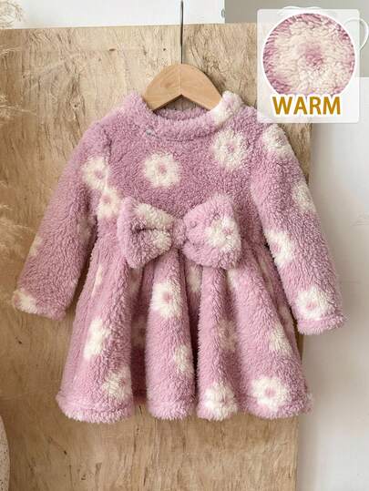 SHEIN LMoss Kids Baby Girl Ditsy Floral Knit Fleece Crew Neck Casual Dress, Autumn/Winter