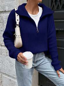 EURMUSE 女士拉链领宽松舒适保暖毛衣 - 藏蓝色 - 查看 9