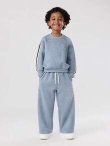 SUMWON Boys Co-Ord Set Winter Casual Sweatshirt Wide Leg Pants Drawstring Waist Cozy Wear Set For Kids - Blue - View 1