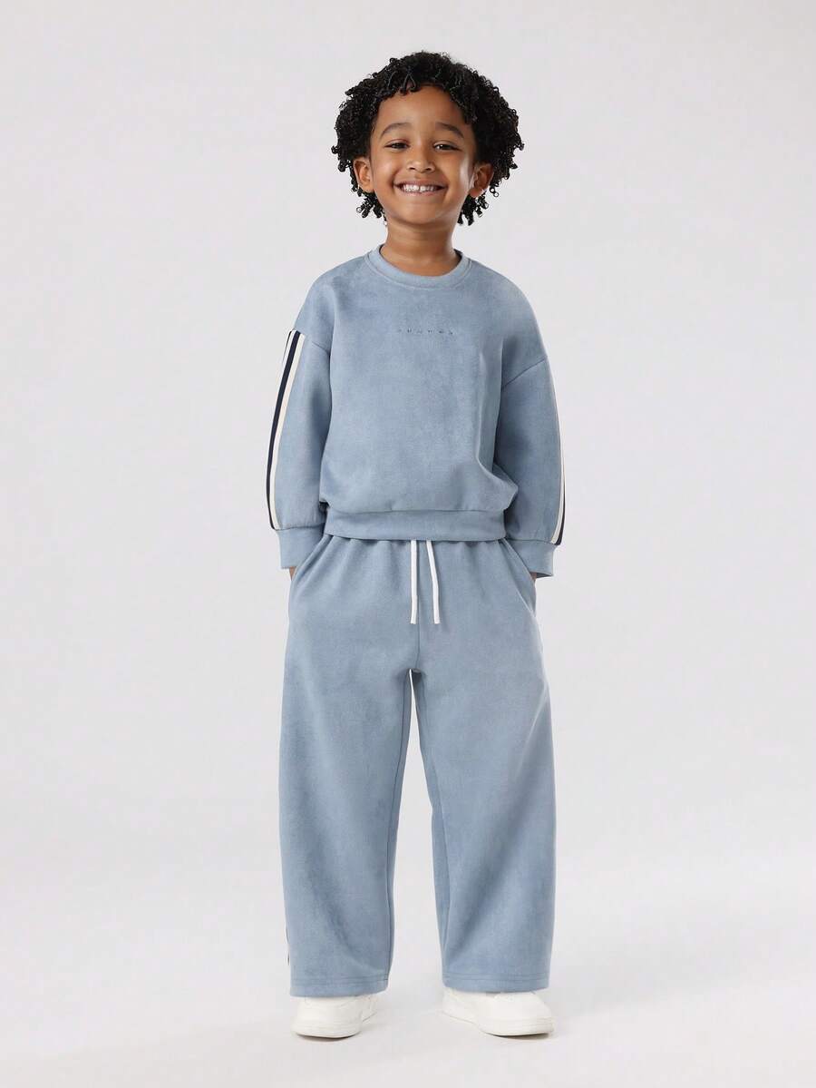 SUMWON Boys Co-Ord Set Winter Casual Sweatshirt Wide Leg Pants Drawstring Waist Cozy Wear Set For Kids - Blue - View 1