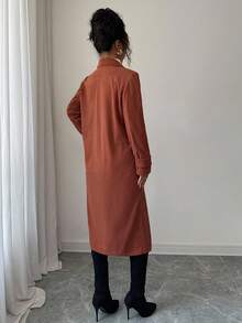 Selianne 女式秋冬灯芯绒翻领长款风衣 - 棕色 - 查看 2