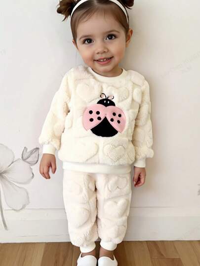 Cozy Pixies 2pcs Baby Girl Baby Boy Ladybug Graphic Thermal Lined Sweatshirt And Jogger Pants Set, Autumn/Winter Baby Set Autumn Winter Season Baby Girl Winter Jumpsuit Baby Winter Clothes Sets Toddler 2 Piece Winter Fur Clothing Fall