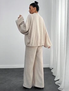 EURMUSE Casual Style, Premium Quality Linen, Keep Cool In Warm Weather, Effortless Weekend Outfit, Two Pieces Set, Tie Front Detailed Balloon Sleeve Top With Relaxed Pant - Beige - View 2