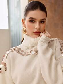 Modelyn Suéter de manga larga con cuello alto, hombros caídos y decoración de lentejuelas hecho a mano de moda para mujer