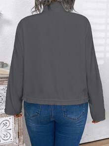 Plus Size Women Solid Color Casual Fashion Short Drawstring Hem Jacket - Grey - View 2