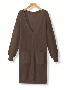 EMERY ROSE Plus Size Women Loose Casual Drop Shoulder Lantern Sleeve Knitted Cardigan, Black Jacquard Pattern, Mid-Length, Versatile Daily Wear - Mocha Brown - View 1