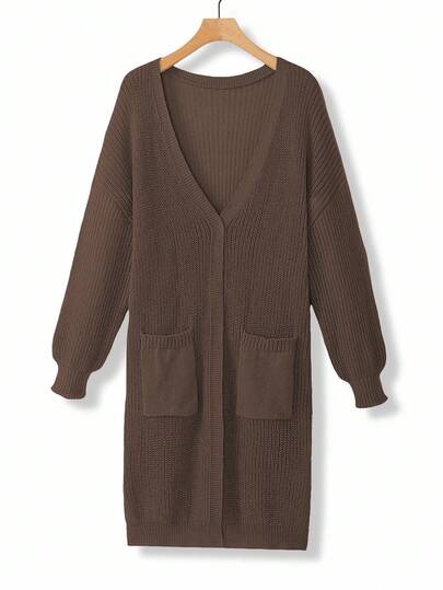 EMERY ROSE Plusstorlek Dam Löst Casual Stickad Kofta med Nedsänkta Axlar och Lanternärm, Svart Jacquardmönster, Mellanlång, Mångsidig Vardagskläder