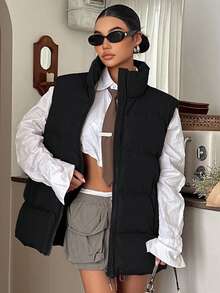 DAZY Chaleco acolchado estilo chaqueta para mujer, chaqueta/chaleco de otoño/invierno - Negro - Ver 3