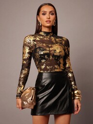 Silquee Black Base, Gold Printed Stand Collar Sexy Sheer Mesh Long Sleeve Top, Slim Fit For Casual, Date, Night Out, Club, Party, Suitable For Daily Date, Night Out, Club, Wedding, Party, Cocktail Party, Sexy Date Gold Sequin Top Metallic For Women Mottled Gold Fabric