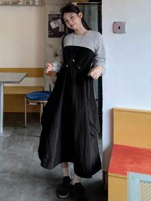 DAZY Women's Round Neck Long Sleeve 2 In 1 Waist Cinched Long Casual Street Dress - Black - View 7