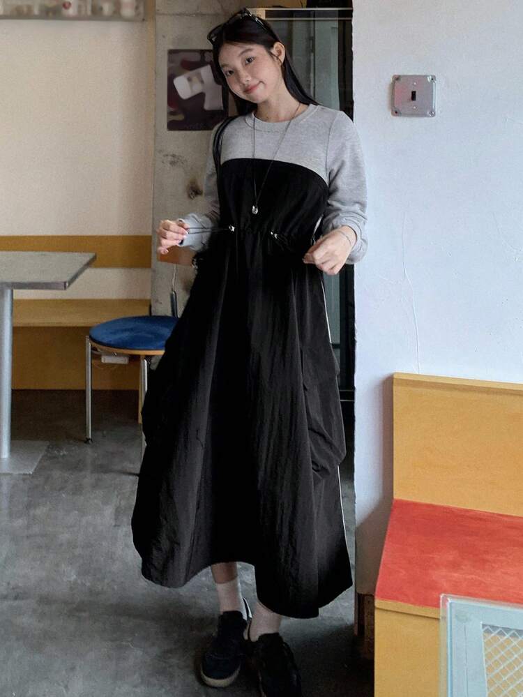 Women's Round Neck Long Sleeve 2 In 1 Waist Cinched Long Casual Street Dress