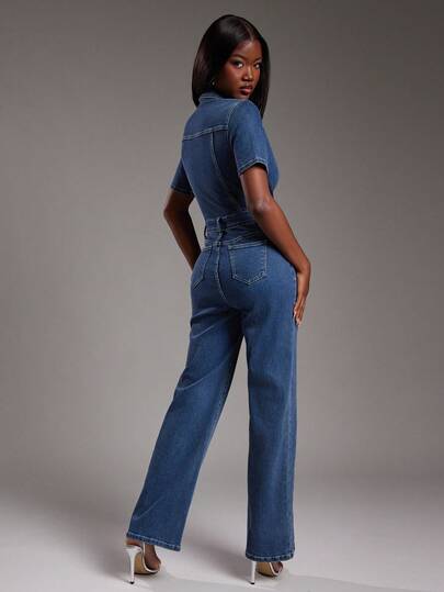 NYA SZN Denim Short Sleeve Jumpsuit Fitted Constrast Stitch Everyday Casual Teacher Concert Festival Business Casual Cotton Summer Statement Festival Kings Day Outfits For Women