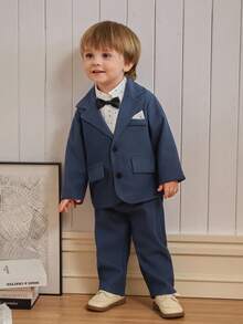 Souflis Souflis French Retro Baby Boy 2-Piece Set, White Polka Dot Long Sleeve Shirt With Bow Tie, Paired With Hazy Blue Suit, Stylish And Versatile For Birthday, Party, And Various Occasions Fall Winter