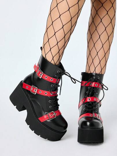 Grunge Punk Women's Punk Style Thick Sole Combat Boots, Gothic Gold Buckle Double Strap Red & Black Decor, Comfortable Platform Ankle Boots For Party, Gathering, Commute