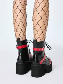 ROMWE Grunge Punk 女式朋克风格厚底战斗靴，哥特式金扣双带红黑装饰，舒适厚底踝靴，适合派对、聚会、通勤 - 黑色 - 查看 5
