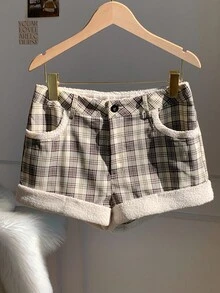 Comfortcana 女式格纹口袋休闲宽松短裤，秋冬 - 黑與白 - 查看 5