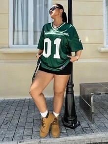 Muchica Plus Size Women's Summer To Early Autumn Casual Sports Inspired Jersey T-Shirt, With Lucky Number 01 And California Letter Print, V-Neck, Loose Fit, Long Length