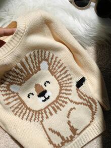SHEIN 可爱狮子图案长袖圆领毛衣针织上衣，柔软舒适休闲日常穿着，适合室内、户外、日常、运动、玩耍、派对、摄影、节日、秋冬季男婴、女婴 - 米色 - 查看 6