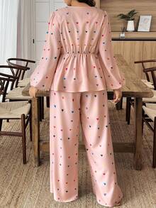 EMERY ROSE 大码女式心形印花前系带灯笼袖衬衫和阔腿裤休闲两件套 - 彩色 - 查看 2