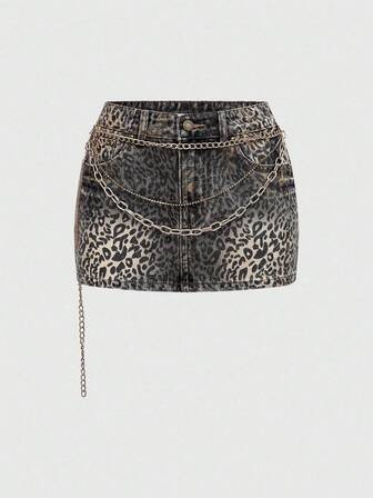 Grunge Punk Minigonna in denim a vita ultra bassa con stampa leopardata, decorazione con catena e strass metallici in stile Y2K