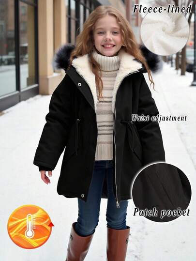 SHEIN 这款少女休闲时尚百搭的中长款羽绒服，采用人造毛皮饰边，带帽设计，腰部可调节，适合秋冬季节、周末休闲外出穿着。另有黑色羊羔绒内衬外套、带帽冬装外套、黑色派克大衣、黑色连帽外套等款式可选。这款羽绒服保暖舒适，适合秋季穿着。