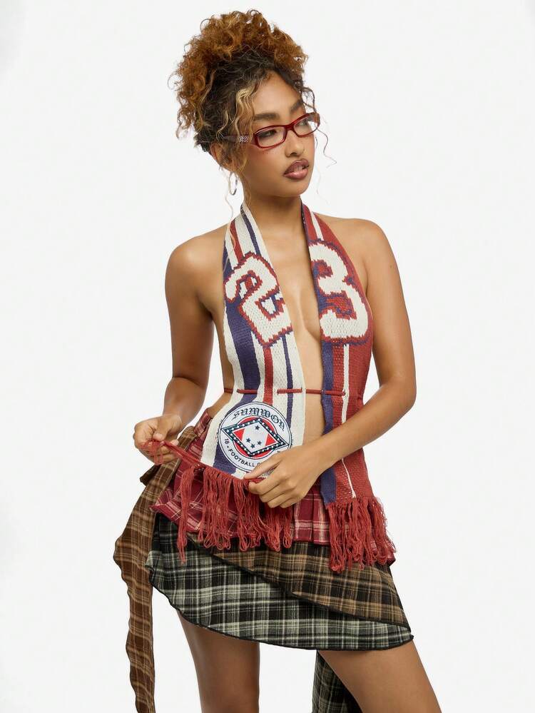 SUMWON WOMEN Knitted Football Scarf Halter Top With Fringe