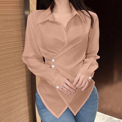여성 솔리드 컬러 비대칭 밑단 크로스 랩 우아한 긴팔 여성 셔츠