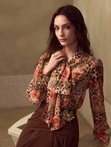 MOTF PREMIUM ELEGANT LEOPARD FLORAL PRINT TIE NECK LANTERN SLEEVE BLOUSE - Multicolor - View 5