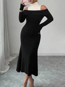 DAZY Elegant Color Block Patchwork 2 In 1 Sweater Dress, Suitable For New Year, Christmas, Wedding, Party, Formal Occasions, Autumn/Winter - Black - View 3