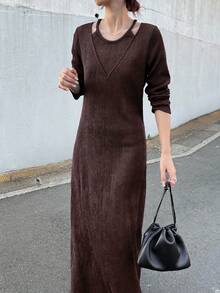 FRIFUL Robe longue à manches longues de couleur unie décontractée, automne - Tabac - Voir 4