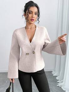 INAWLY Women's Elegant Cardigan, Fluffy, Warm, V-Neck, Bell Sleeve, Waist Cinched, Short Jacket - Apricot - View 4