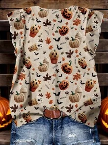 EMERY ROSE Plus Size Women Cute Beige Halloween Pumpkin & Monster Graphic V-Neck Ruffle Trim Short Sleeve Casual Autumn Holiday Blouse,Halloween Costume Party - Multicolor - View 2